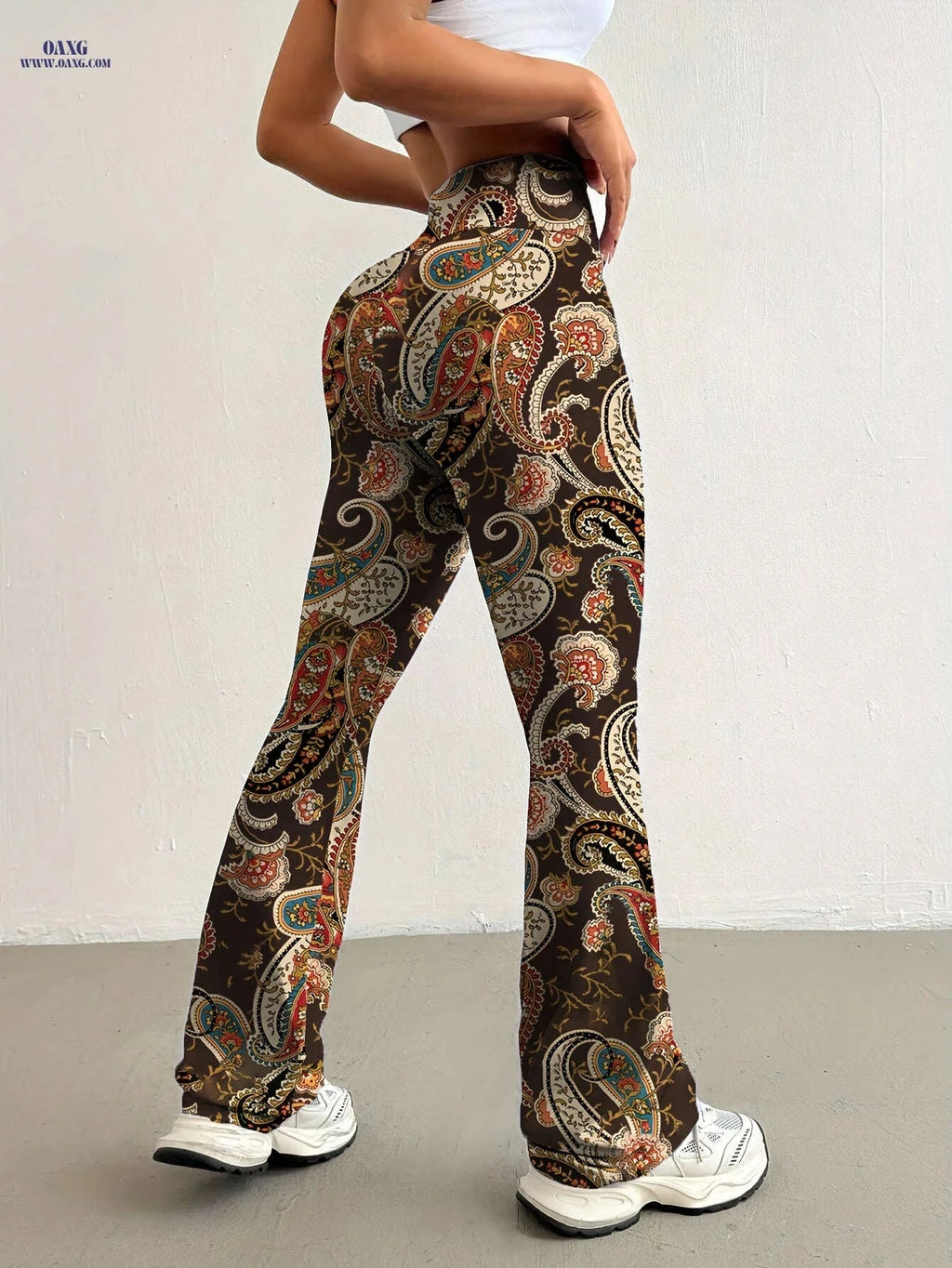 Elegant Women's High-Waisted Flared Pants - Floral Print, All Seasons   OAXG 
