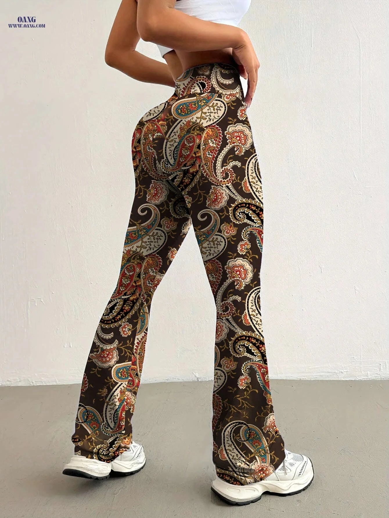 Elegant Women's High-Waisted Flared Pants - Floral Print, All Seasons   OAXG 