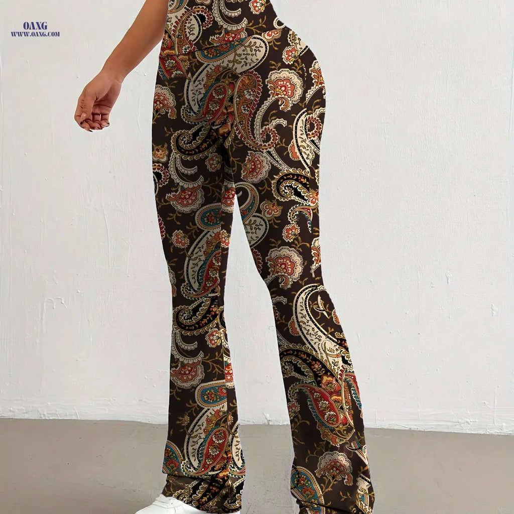 Elegant Women's High-Waisted Flared Pants - Floral Print, All Seasons   OAXG Multicolor / S