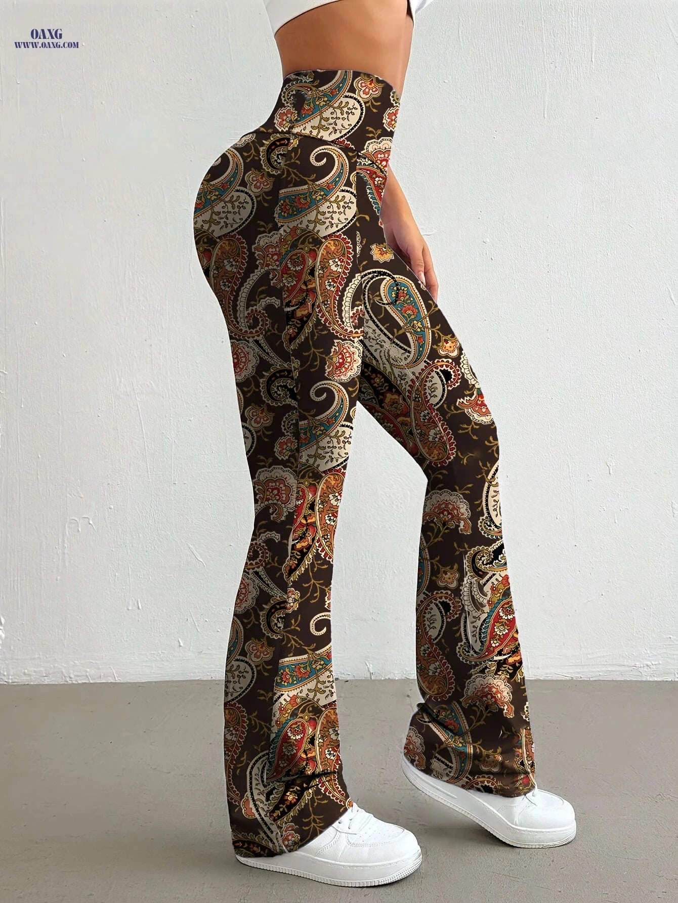 Elegant Women's High-Waisted Flared Pants - Floral Print, All Seasons   OAXG Multicolor / S