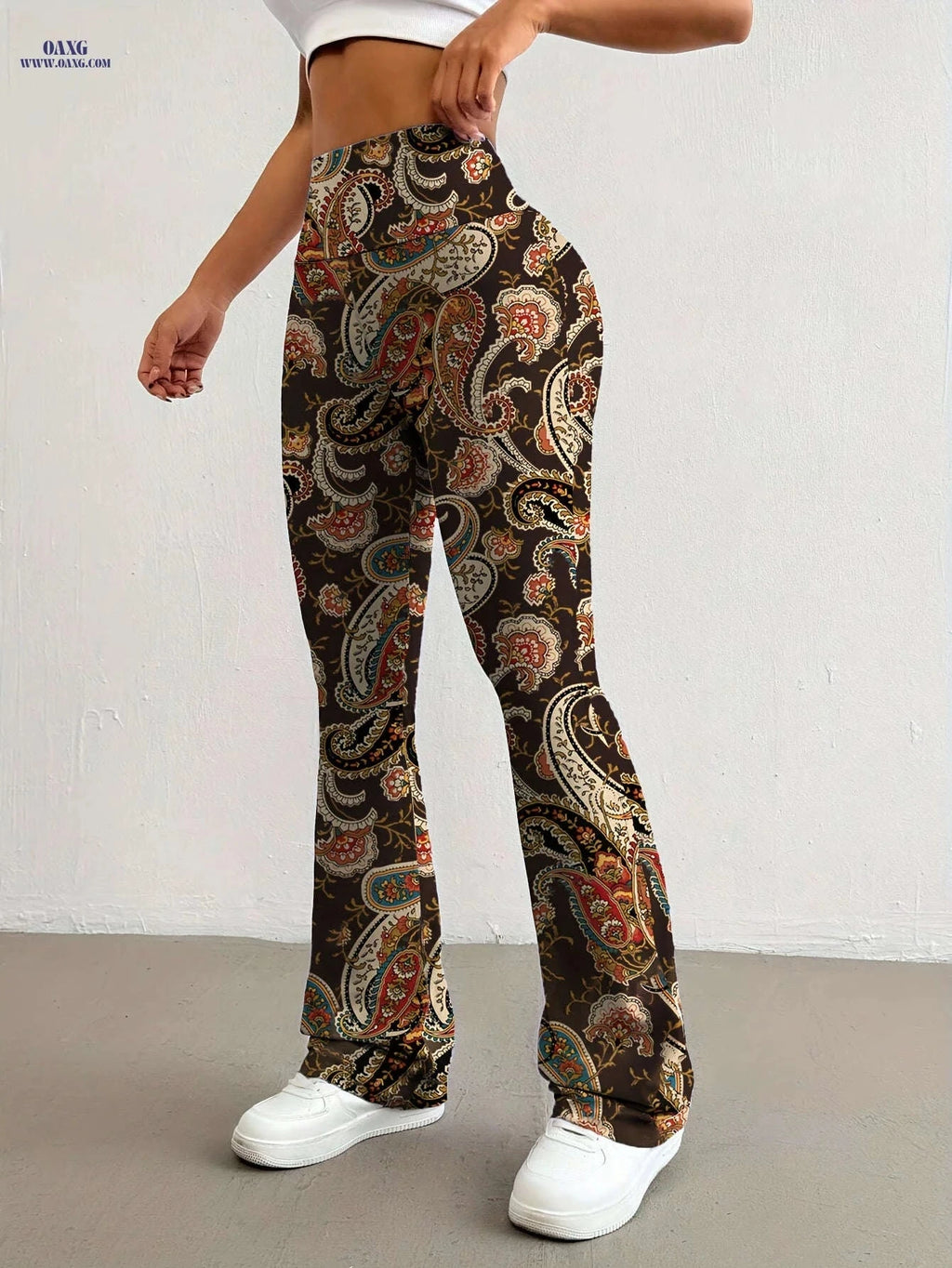Elegant Women's High-Waisted Flared Pants - Floral Print, All Seasons   OAXG Multicolor / S