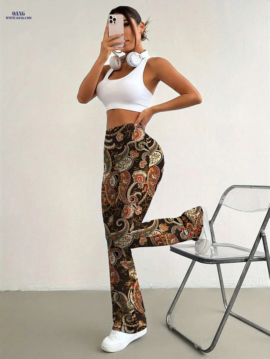 Elegant Women's High-Waisted Flared Pants - Floral Print, All Seasons   OAXG Multicolor / S