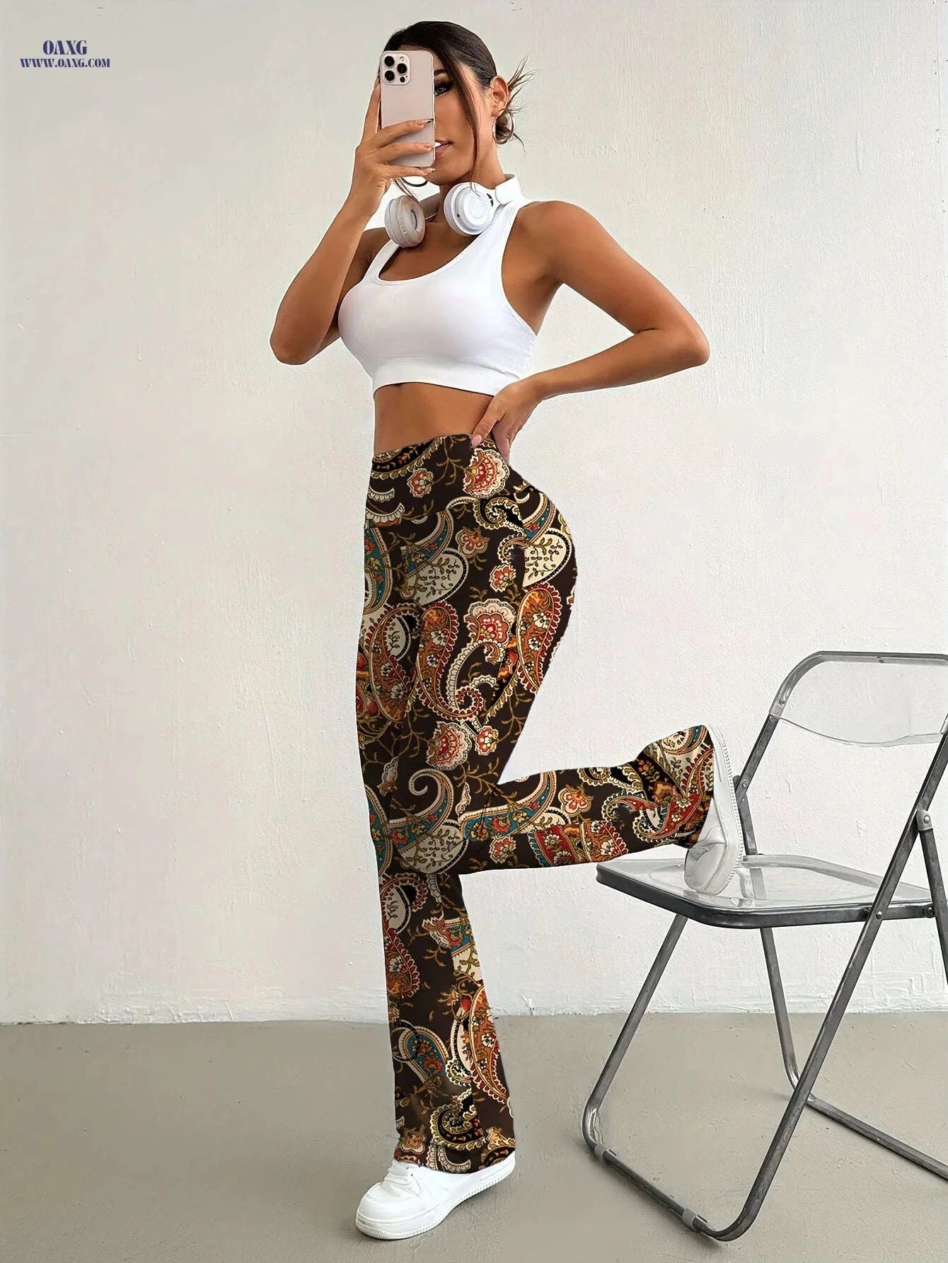 Elegant Women's High-Waisted Flared Pants - Floral Print, All Seasons   OAXG Multicolor / S