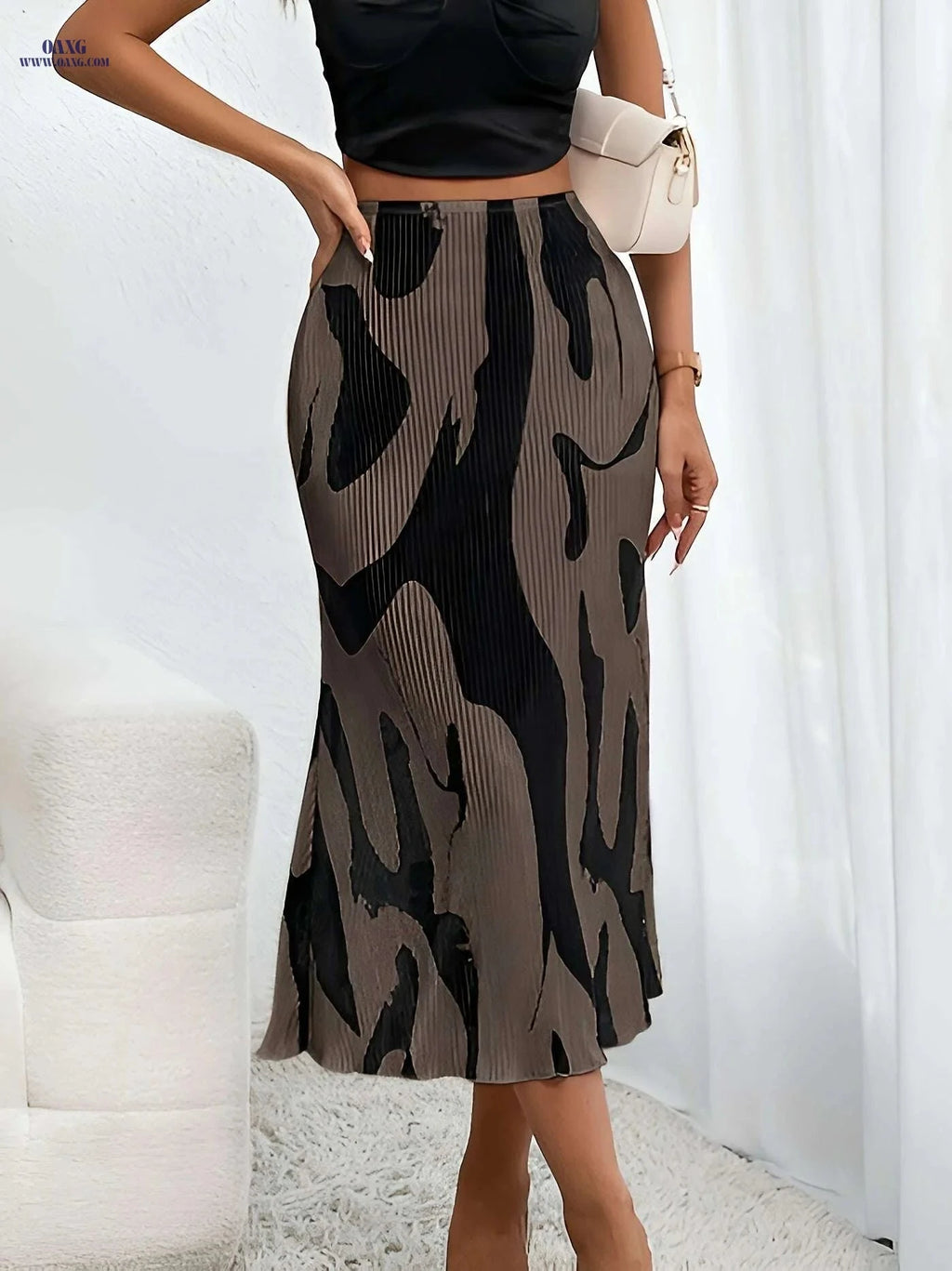 Elegant Women's High-Waisted Maxi Skirt - Black & White Stripes   OAXG Mixed Color 1 / XS