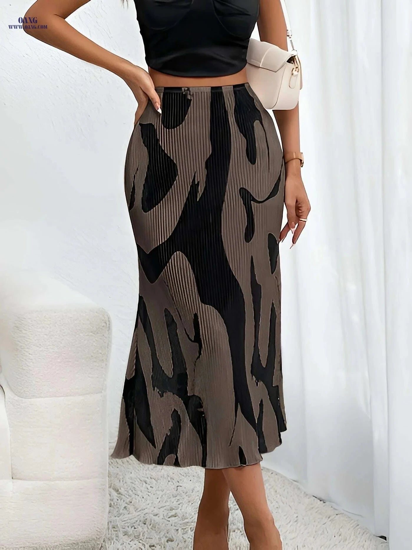 Elegant Women's High-Waisted Maxi Skirt - Black & White Stripes   OAXG Mixed Color 1 / XS