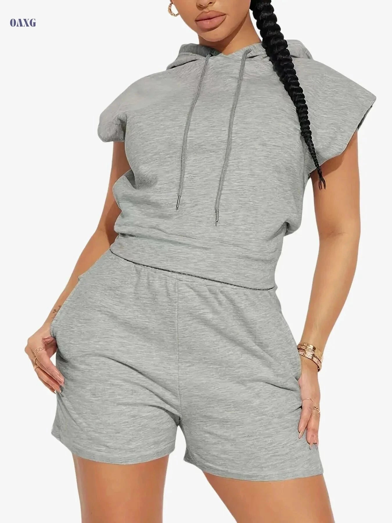 Elegant Women's Hooded Sweatshirt & Jogging Shorts Set - Casual Chic   OAXG Light Grey / S