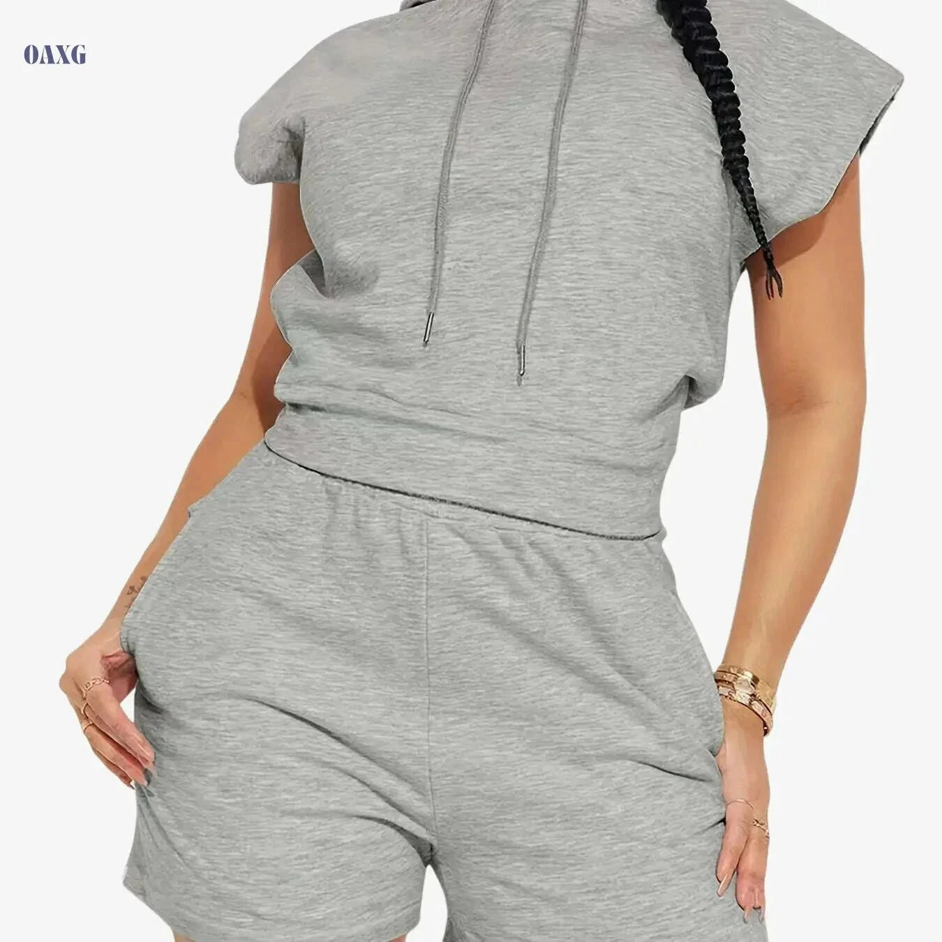 Elegant Women's Hooded Sweatshirt & Jogging Shorts Set - Casual Chic   OAXG Light Grey / S