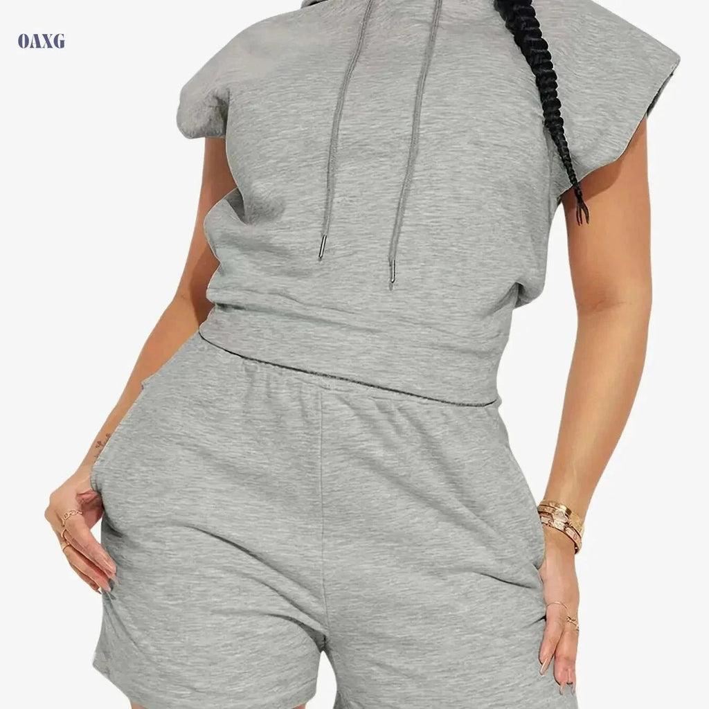 Elegant Women's Hooded Sweatshirt & Jogging Shorts Set - Casual Chic   OAXG Light Grey / S