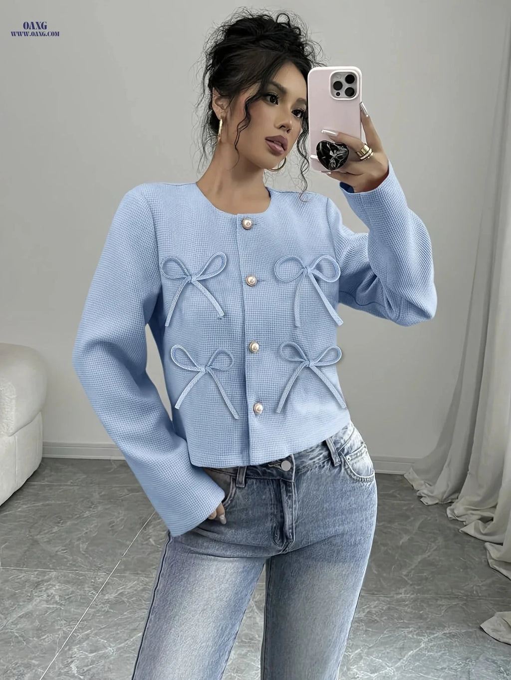 Elegant Women's Jacket for Spring/Fall - Small Fragrance Style   OAXG Sky Blue / S