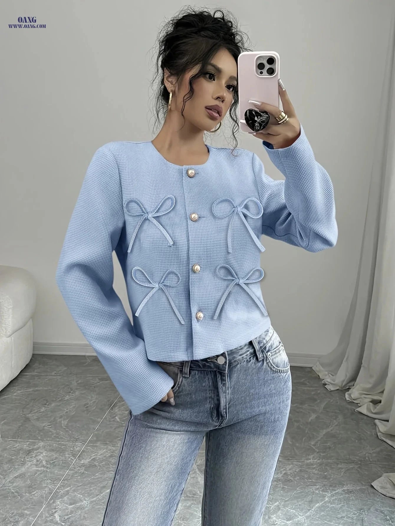 Elegant Women's Jacket for Spring/Fall - Small Fragrance Style   OAXG Sky Blue / S