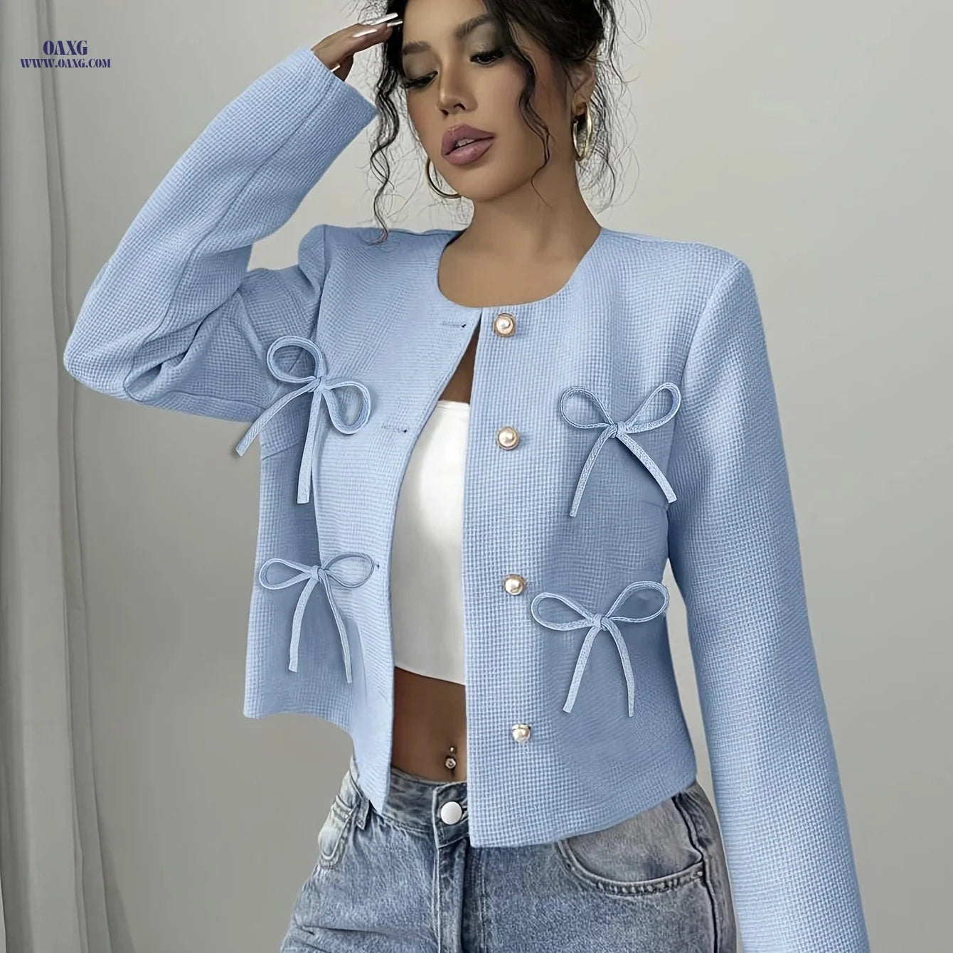 Elegant Women's Jacket for Spring/Fall - Small Fragrance Style   OAXG Sky Blue / S
