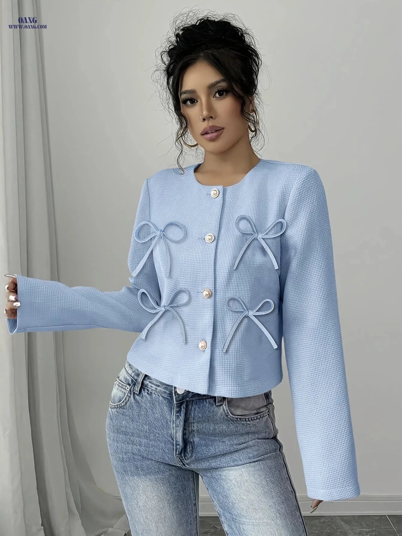 Elegant Women's Jacket for Spring/Fall - Small Fragrance Style   OAXG Sky Blue / S
