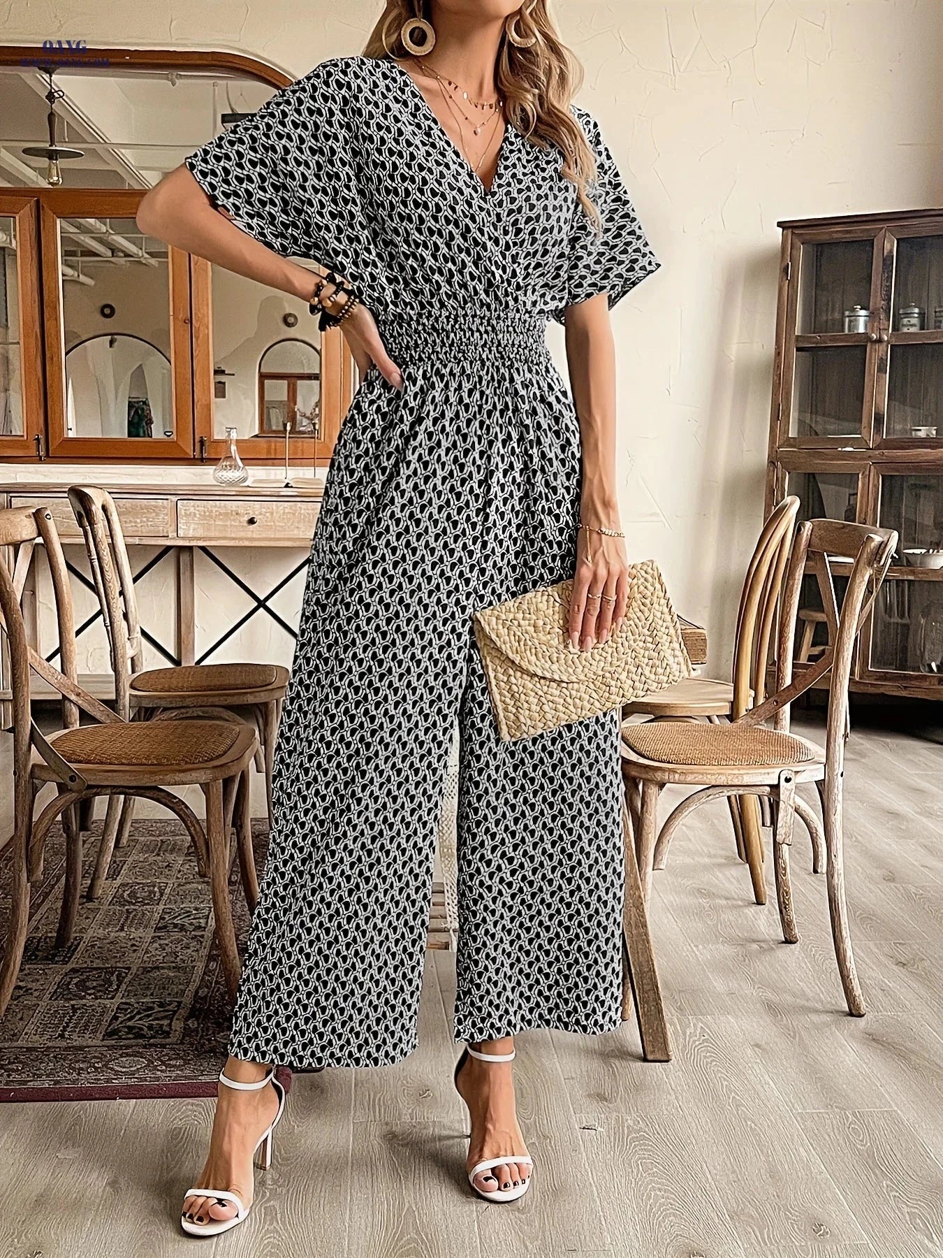Elegant Women's Jumpsuit - Stylish V-Neck Design, All-Season Wear   OAXG Black / S