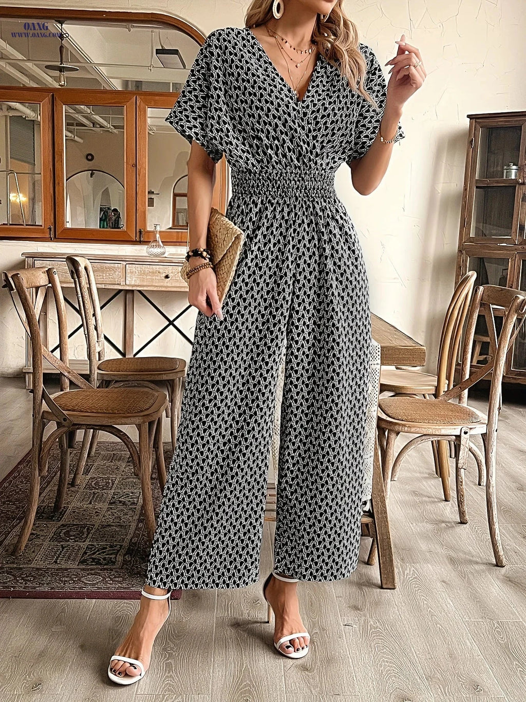 Elegant Women's Jumpsuit - Stylish V-Neck Design, All-Season Wear   OAXG Black / S