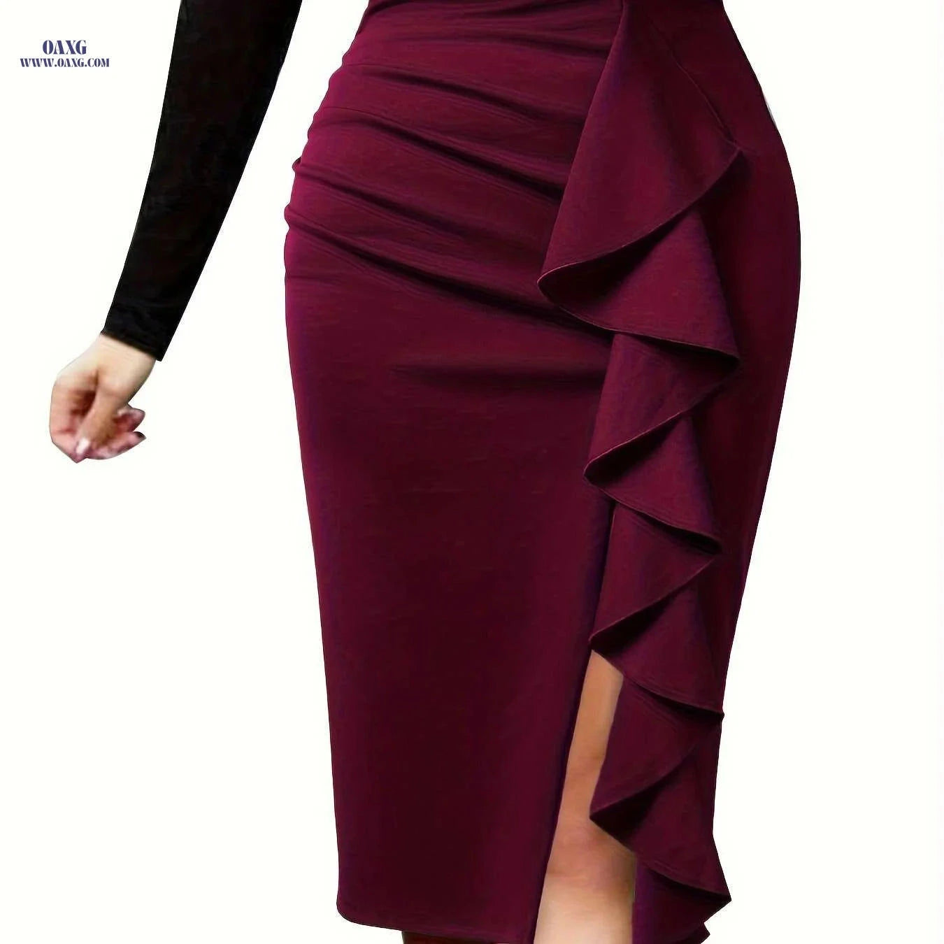 Elegant Women's Knit Pencil Skirt - Ruffle Detail, All-Season Workwear   OAXG 