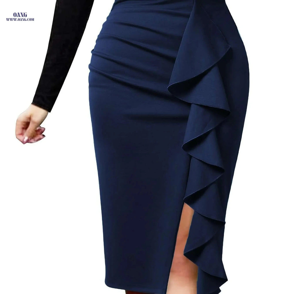 Elegant Women's Knit Pencil Skirt - Ruffle Detail, All-Season Workwear   OAXG Navy Blue / S