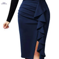 Elegant Women's Knit Pencil Skirt - Ruffle Detail, All-Season Workwear   OAXG Navy Blue / S