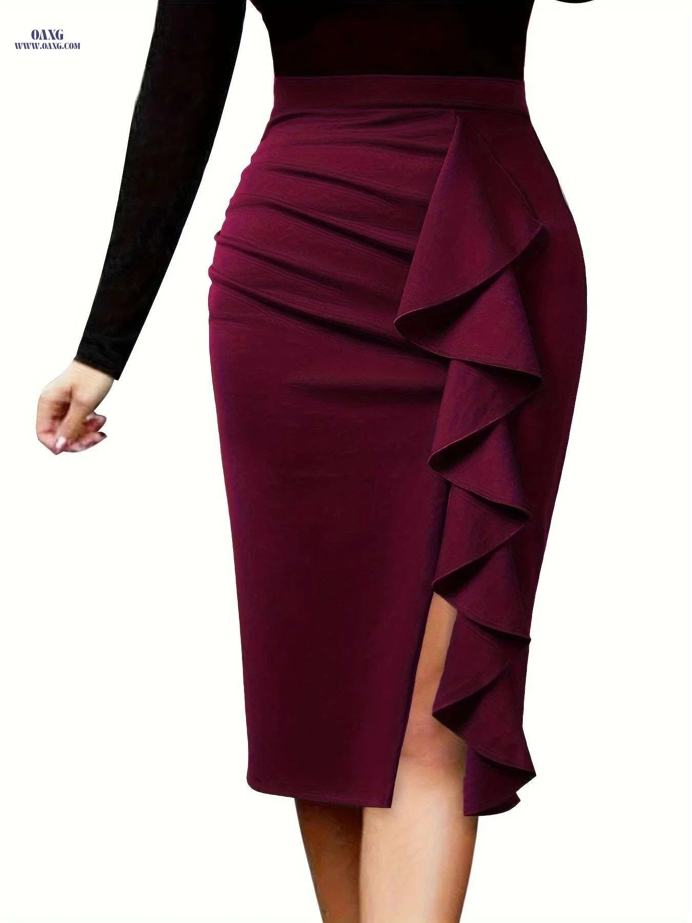 Elegant Women's Knit Pencil Skirt - Ruffle Detail, All-Season Workwear   OAXG Navy Blue / S