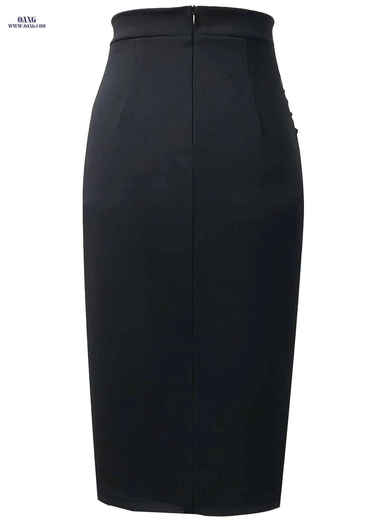 Elegant Women's Knit Pencil Skirt - Ruffle Detail, All-Season Workwear   OAXG Navy Blue / S