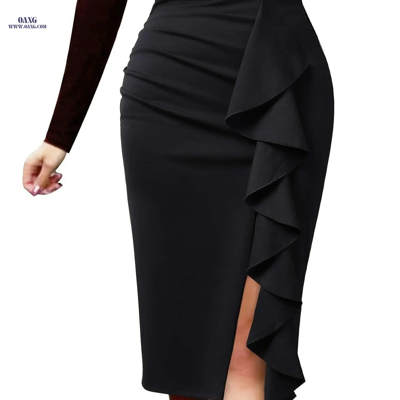 Elegant Women's Knit Pencil Skirt - Ruffle Detail, All-Season Workwear   OAXG Navy Blue / S