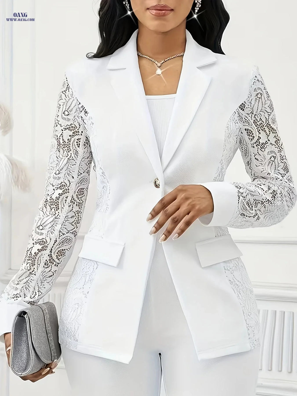 Elegant Women's Lace Patchwork Cardigan - Long Sleeve, Faux Pockets   OAXG 