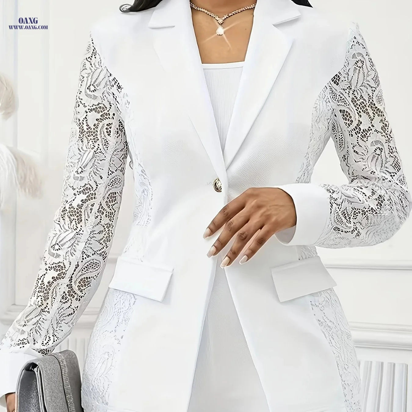 Elegant Women's Lace Patchwork Cardigan - Long Sleeve, Faux Pockets   OAXG 