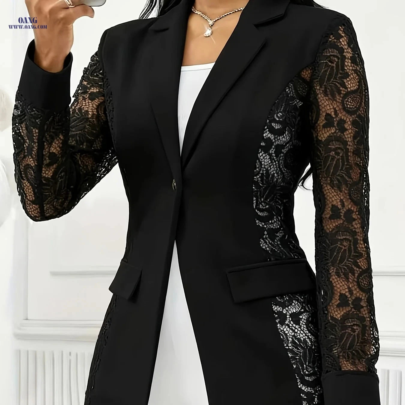 Elegant Women's Lace Patchwork Cardigan - Long Sleeve, Faux Pockets   OAXG 