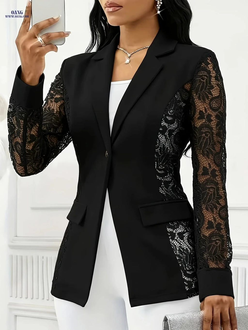 Elegant Women's Lace Patchwork Cardigan - Long Sleeve, Faux Pockets   OAXG White / S