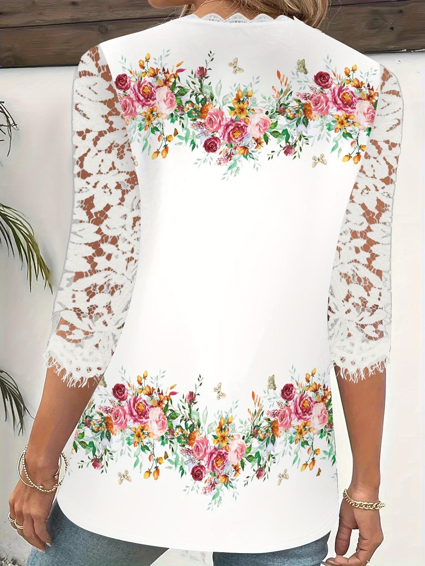 Elegant Women's Lace Patchwork T-Shirt, Women's Elegant Lace Plant and Floral Print Top   OAXG Mixed colors / S