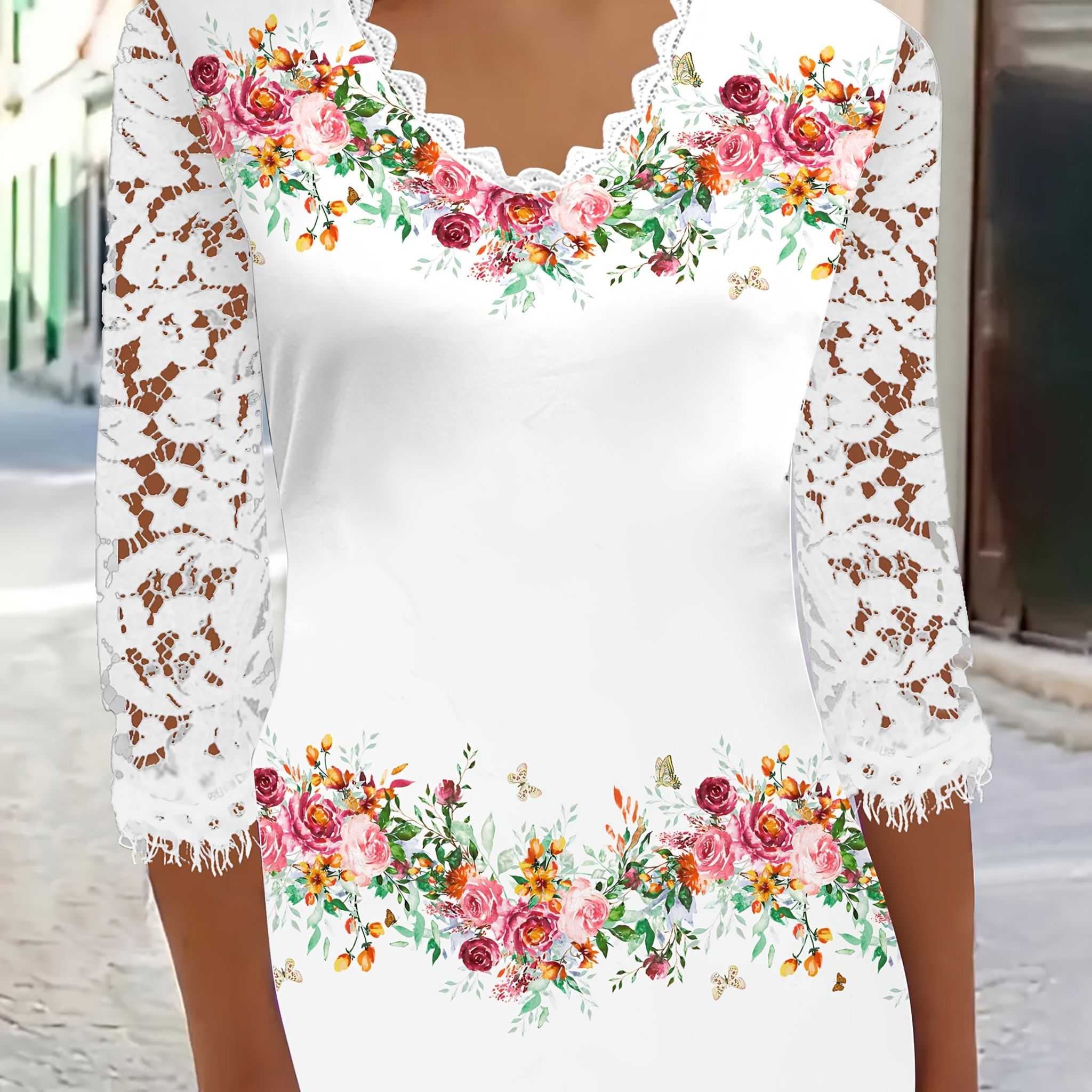 Elegant Women's Lace Patchwork T-Shirt, Women's Elegant Lace Plant and Floral Print Top   OAXG Mixed colors / S