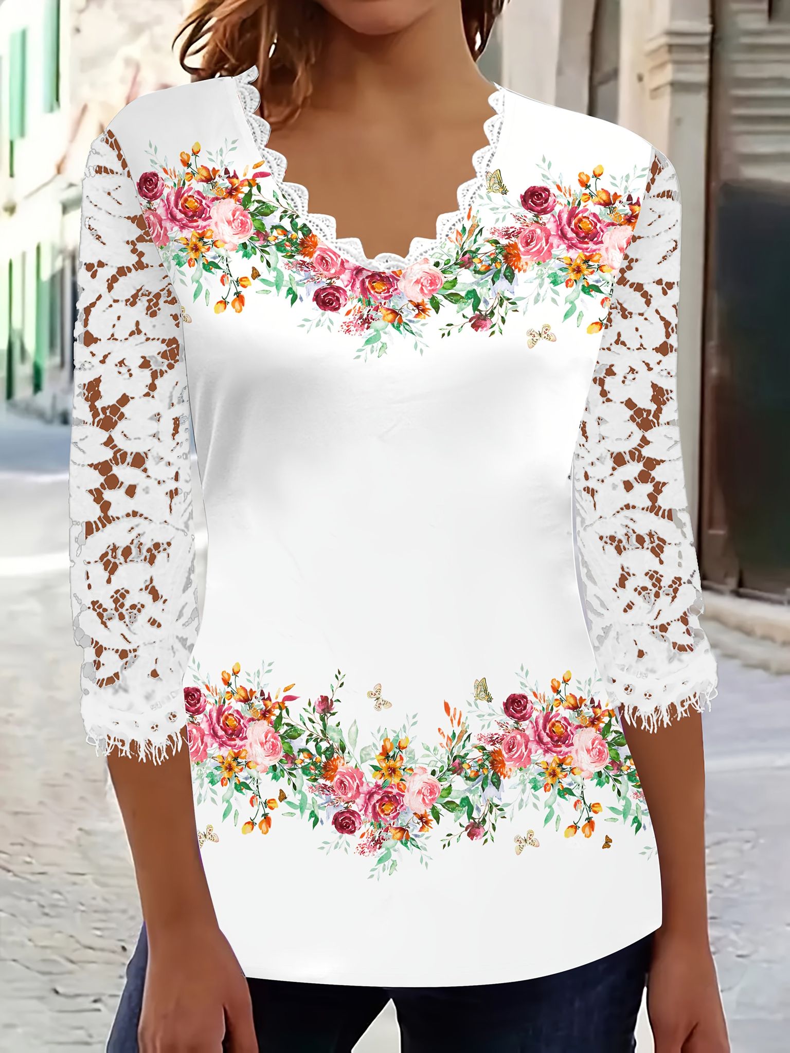 Elegant Women's Lace Patchwork T-Shirt, Women's Elegant Lace Plant and Floral Print Top   OAXG Mixed colors / S