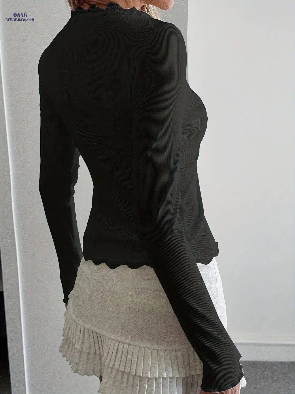 Elegant Women's Lace Ruffle Cardigan - Slim Fit, Long Sleeve Top   OAXG Black / XS