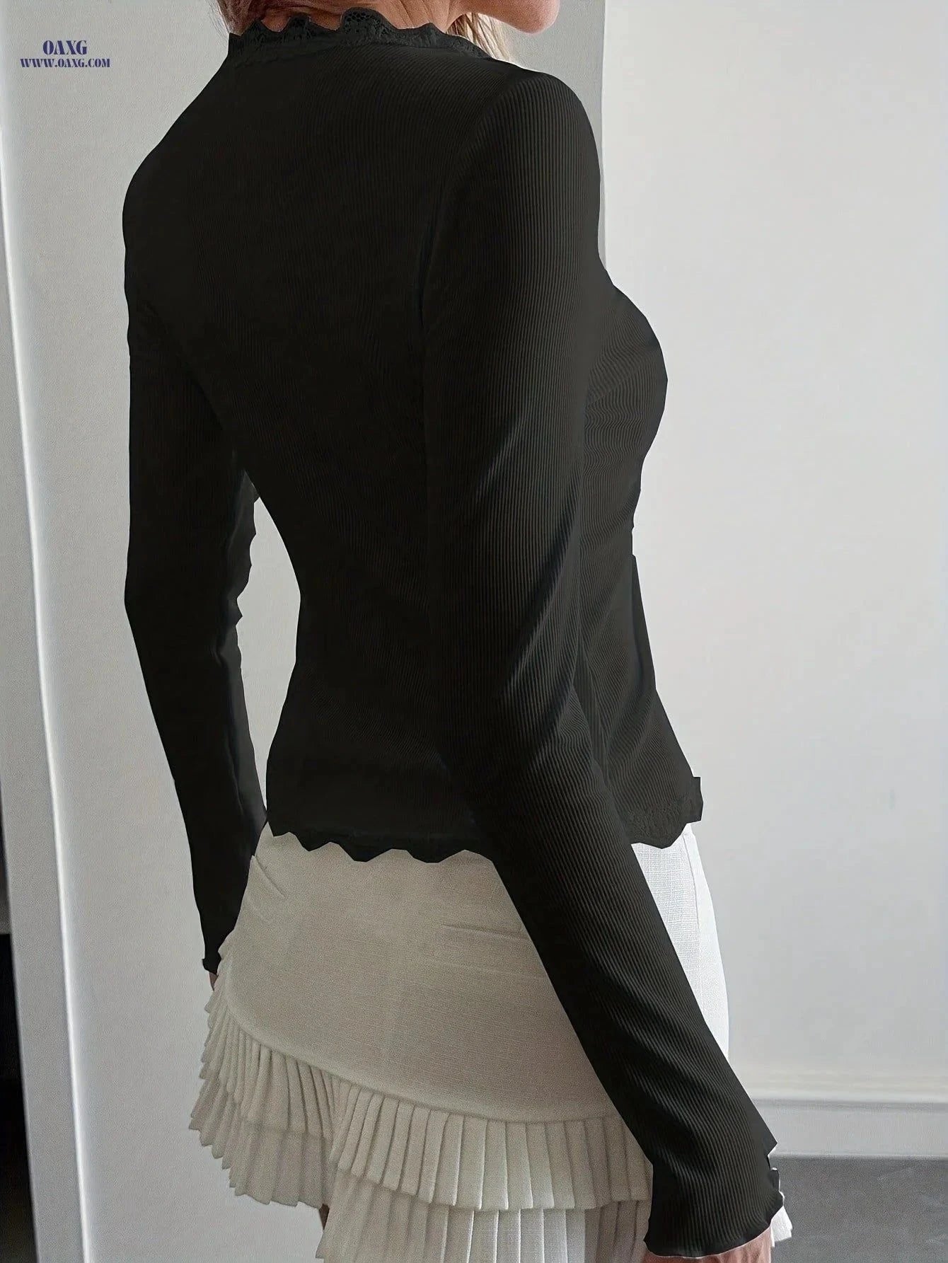 Elegant Women's Lace Ruffle Cardigan - Slim Fit, Long Sleeve Top   OAXG Black / XS