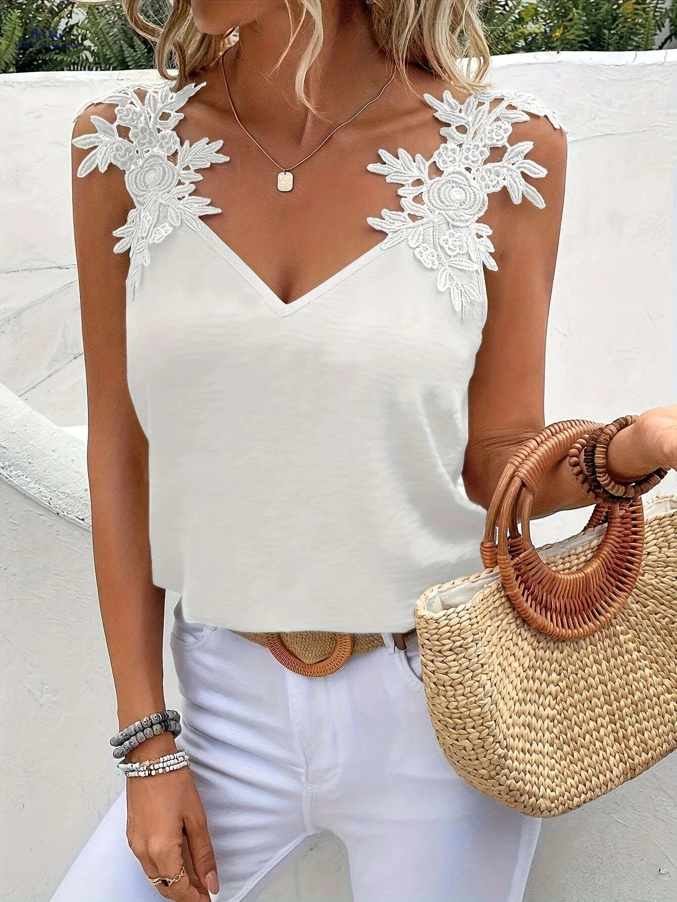 Elegant Women’s Lace Strap Top - Spring-Summer V-Neck Design   OAXG Black / S