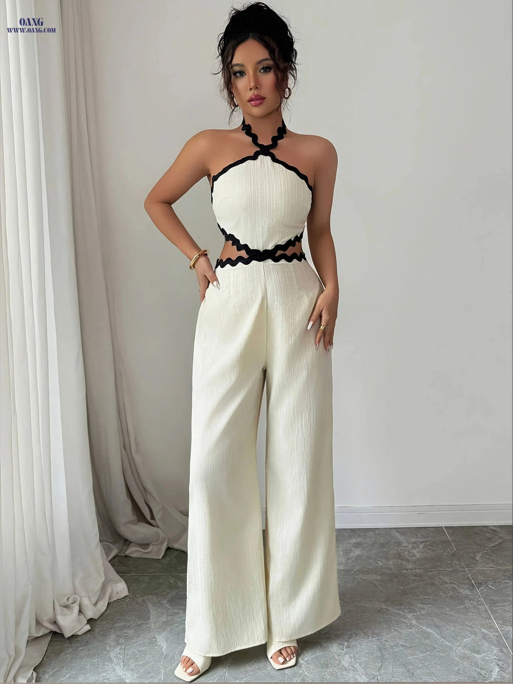Elegant Women's Lace Textured Jumpsuit - Halter Neck Fashion Outfit   OAXG Ivory White / XS