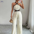 Elegant Women's Lace Textured Jumpsuit - Halter Neck Fashion Outfit   OAXG Ivory White / XS