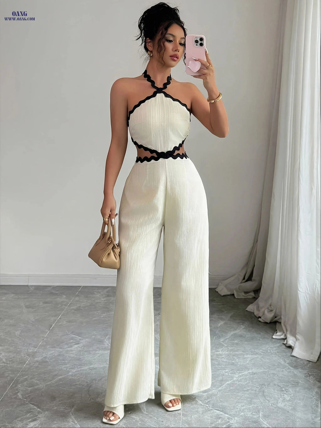 Elegant Women's Lace Textured Jumpsuit - Halter Neck Fashion Outfit   OAXG Ivory White / XS