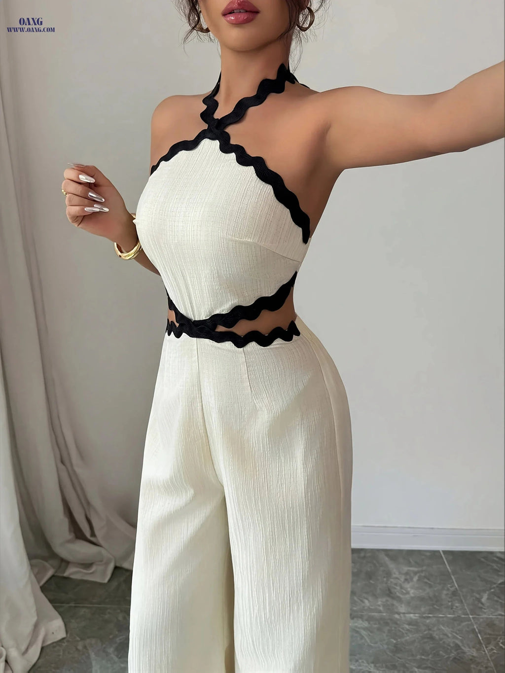 Elegant Women's Lace Textured Jumpsuit - Halter Neck Fashion Outfit   OAXG Ivory White / XS
