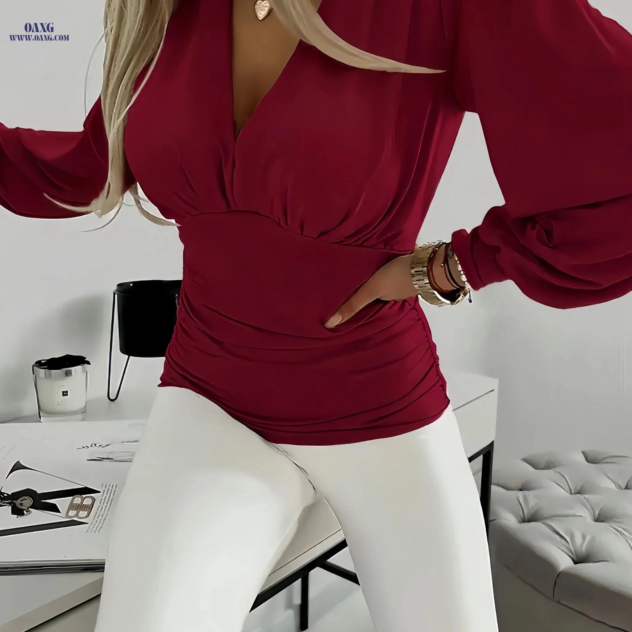 Elegant Women's Lantern Sleeve Shirt - Pleated Deep V Neck Top   OAXG Khaki / S