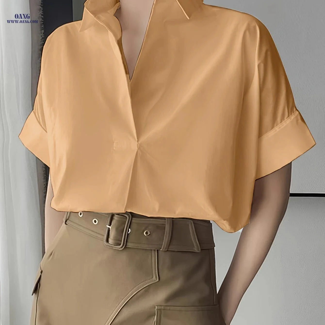Elegant Women’s Lapel Short Sleeve Shirt - Solid Polyester Top   OAXG White / S