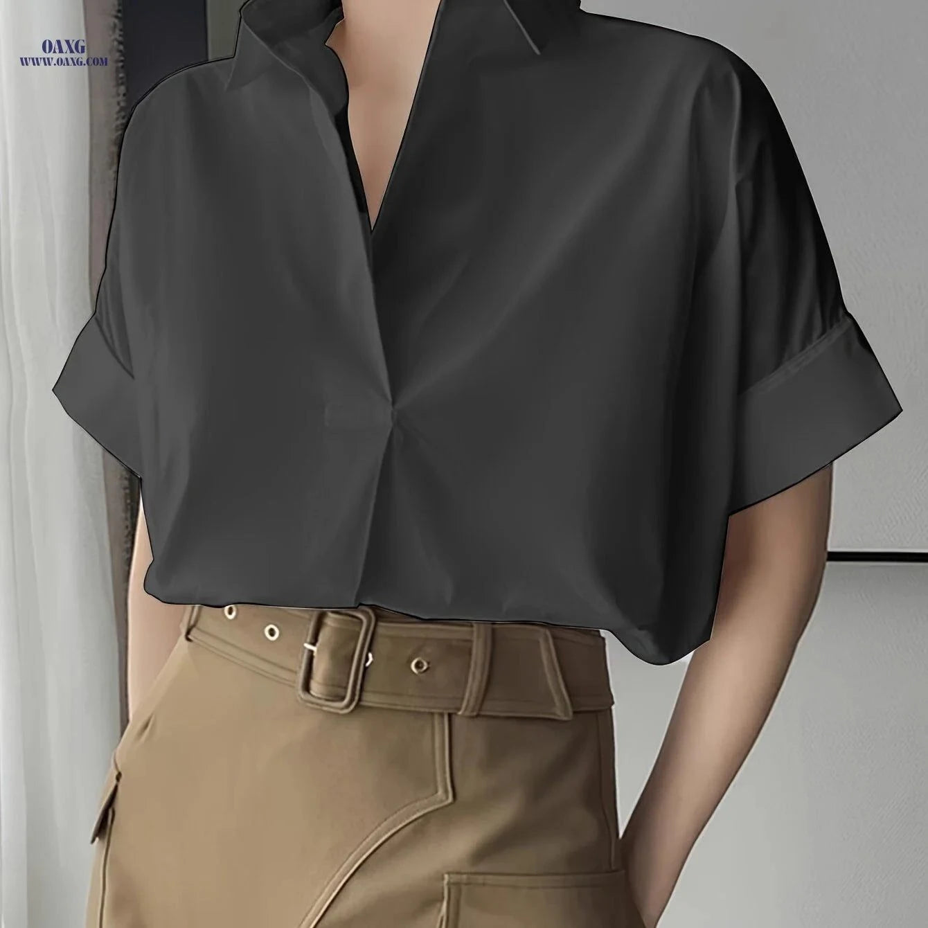 Elegant Women’s Lapel Short Sleeve Shirt - Solid Polyester Top   OAXG White / S