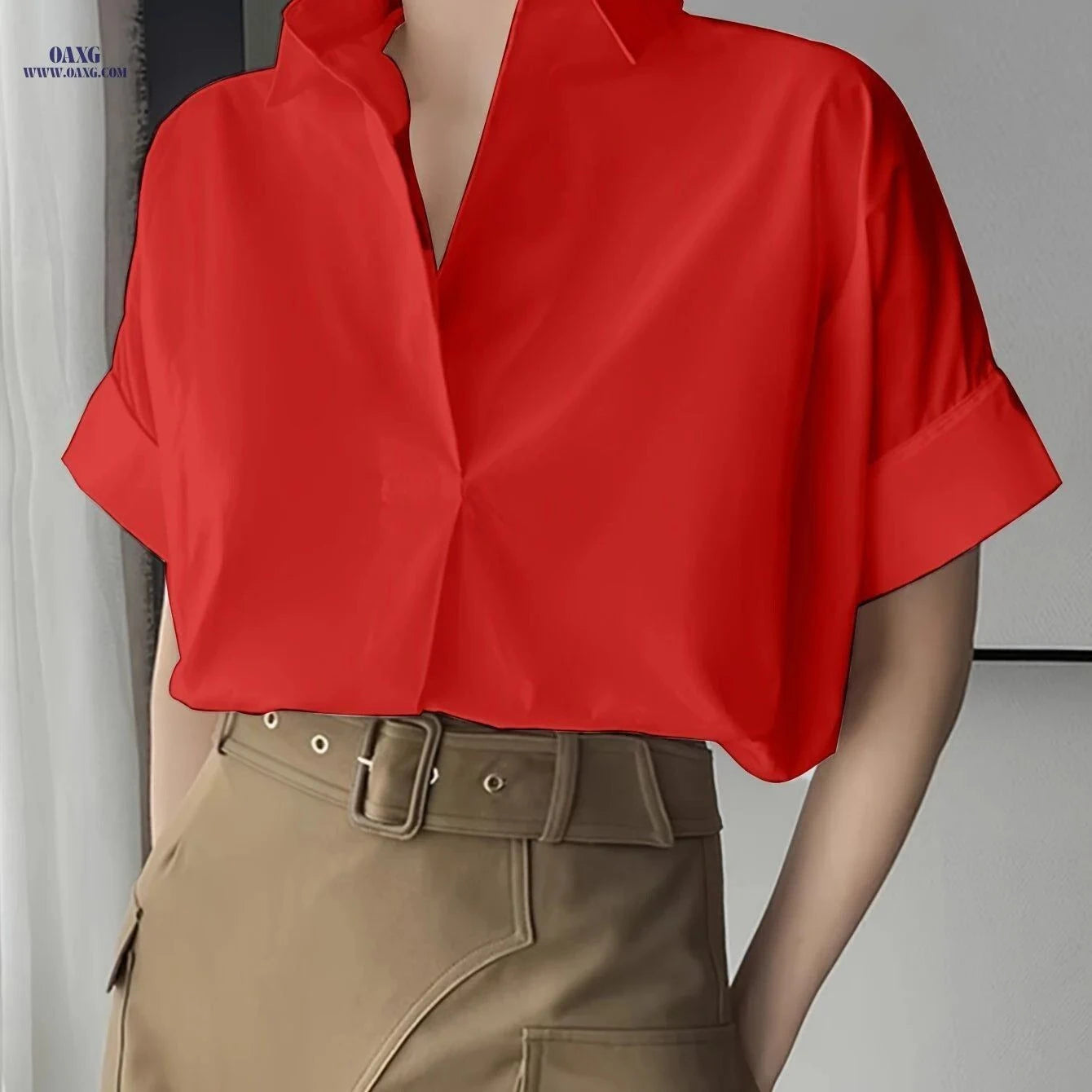 Elegant Women’s Lapel Short Sleeve Shirt - Solid Polyester Top   OAXG White / S