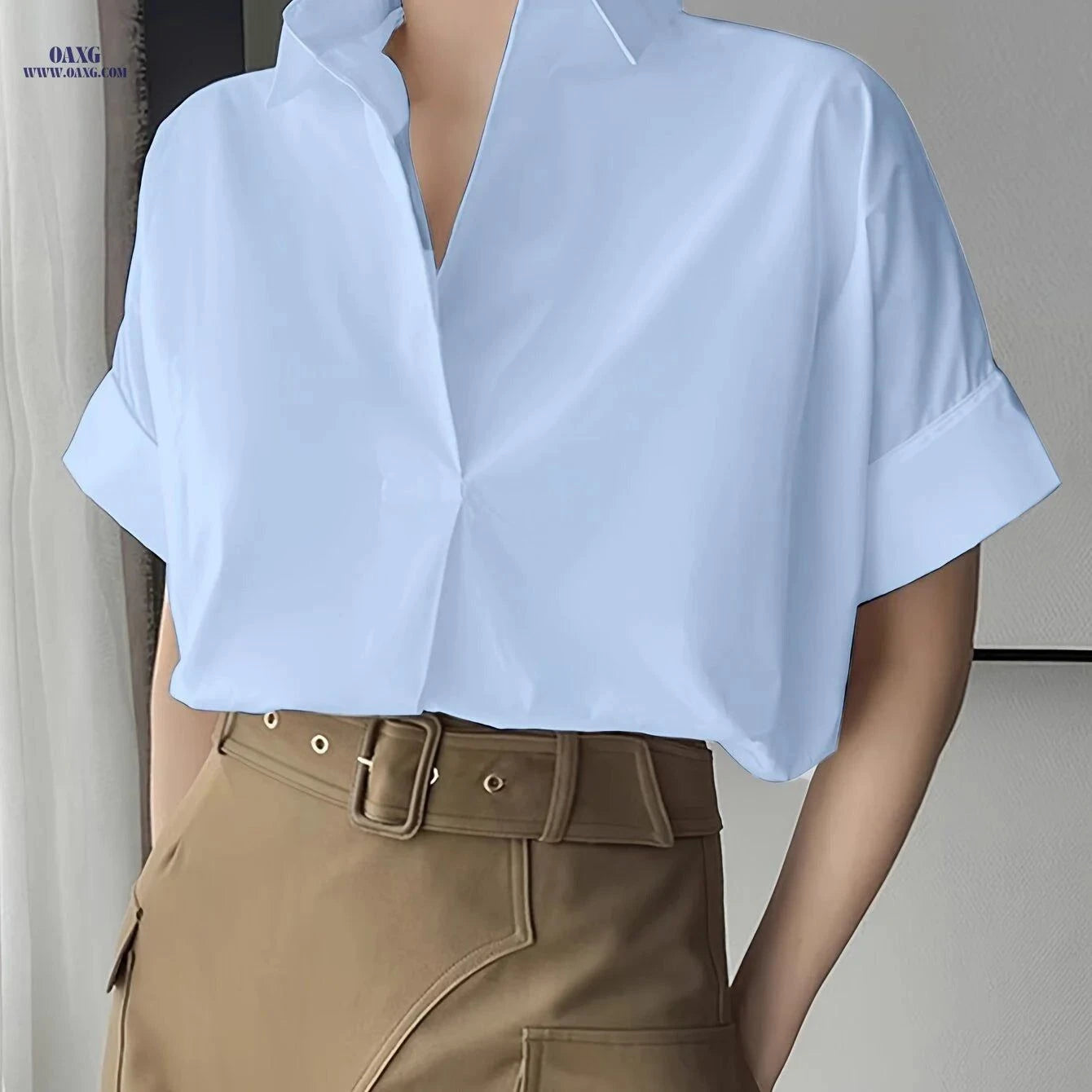 Elegant Women’s Lapel Short Sleeve Shirt - Solid Polyester Top   OAXG White / S