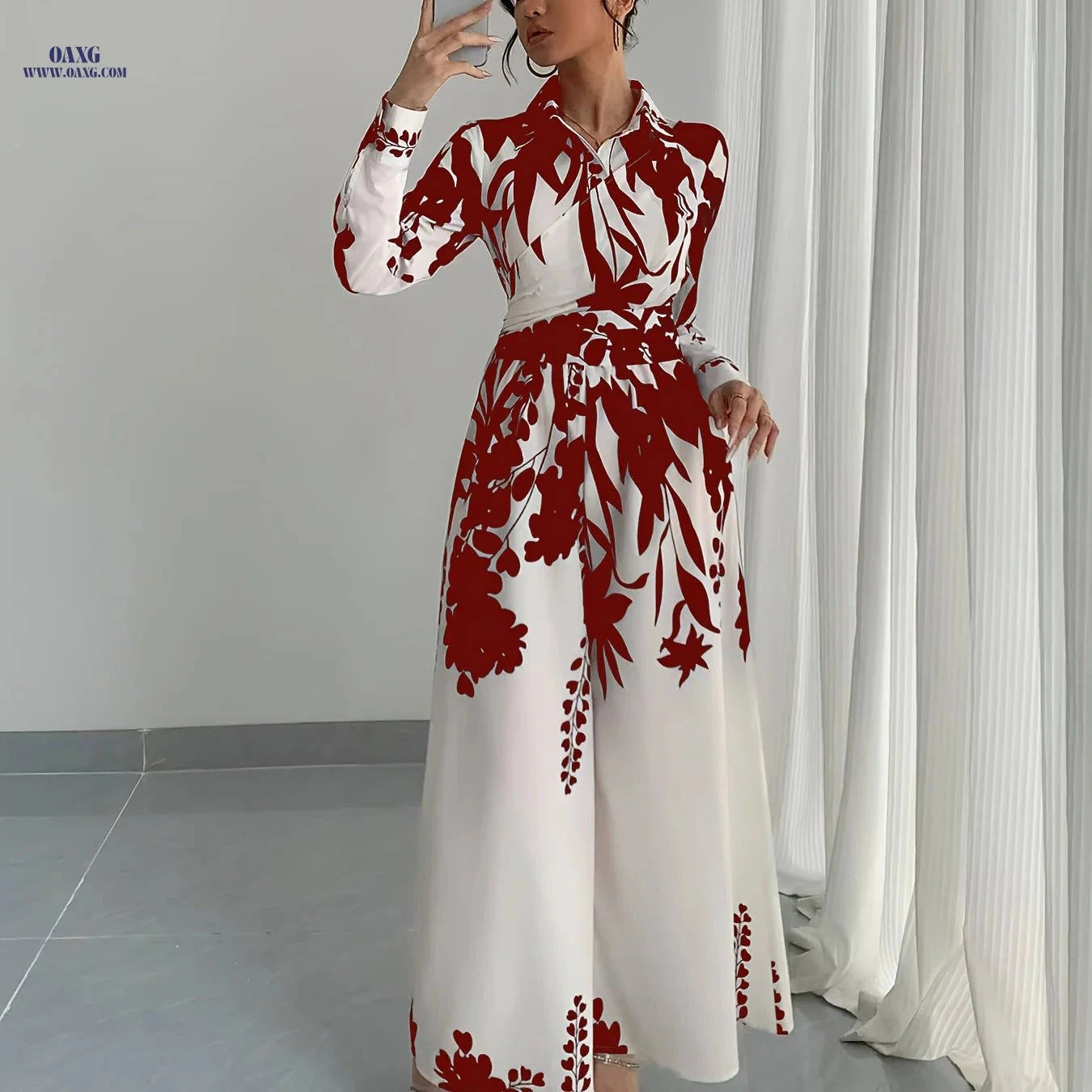 Elegant Women's Leaf Print Jumpsuit - Long Sleeve, Tie Waist Design   OAXG 