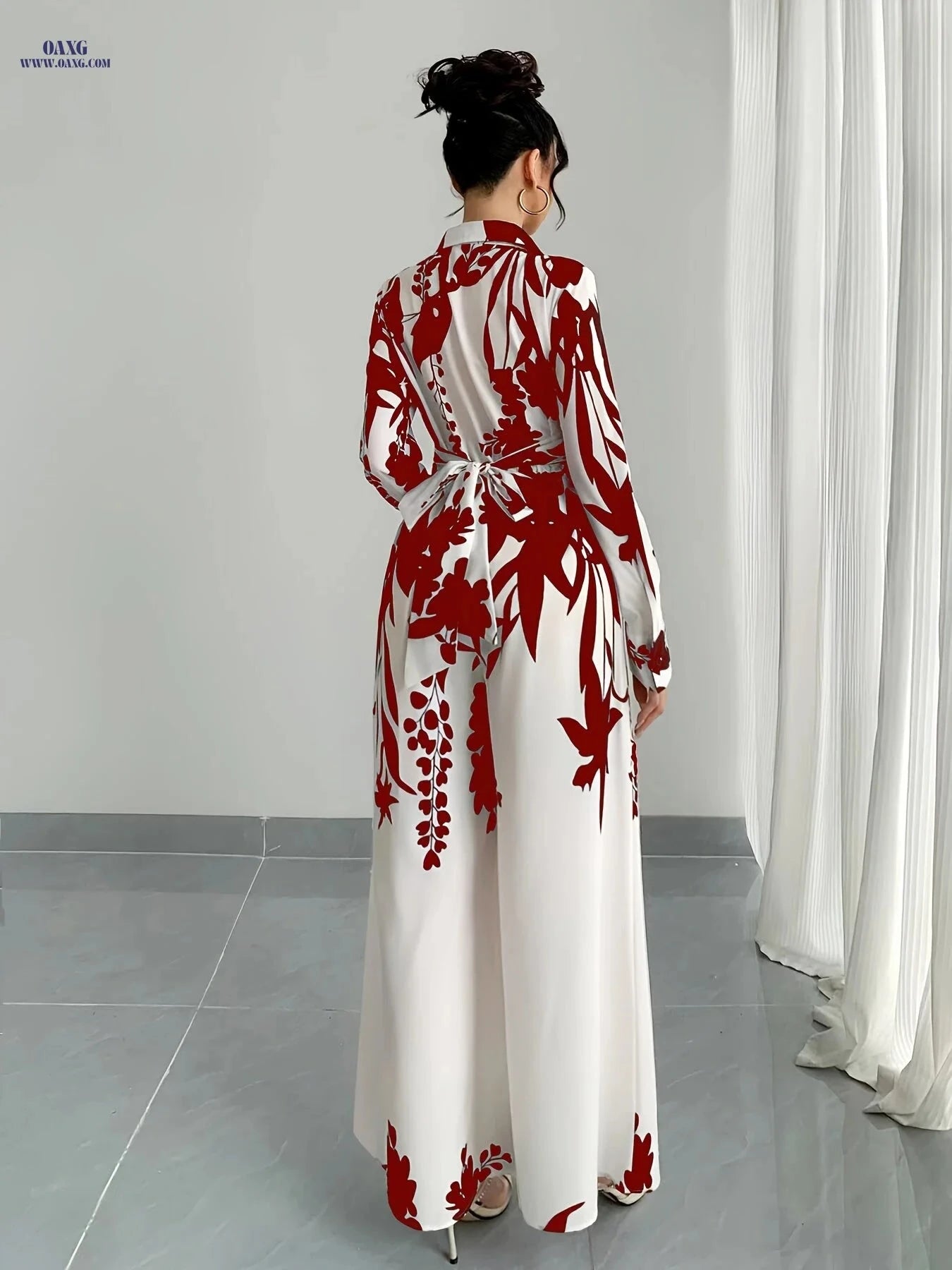 Elegant Women's Leaf Print Jumpsuit - Long Sleeve, Tie Waist Design   OAXG 