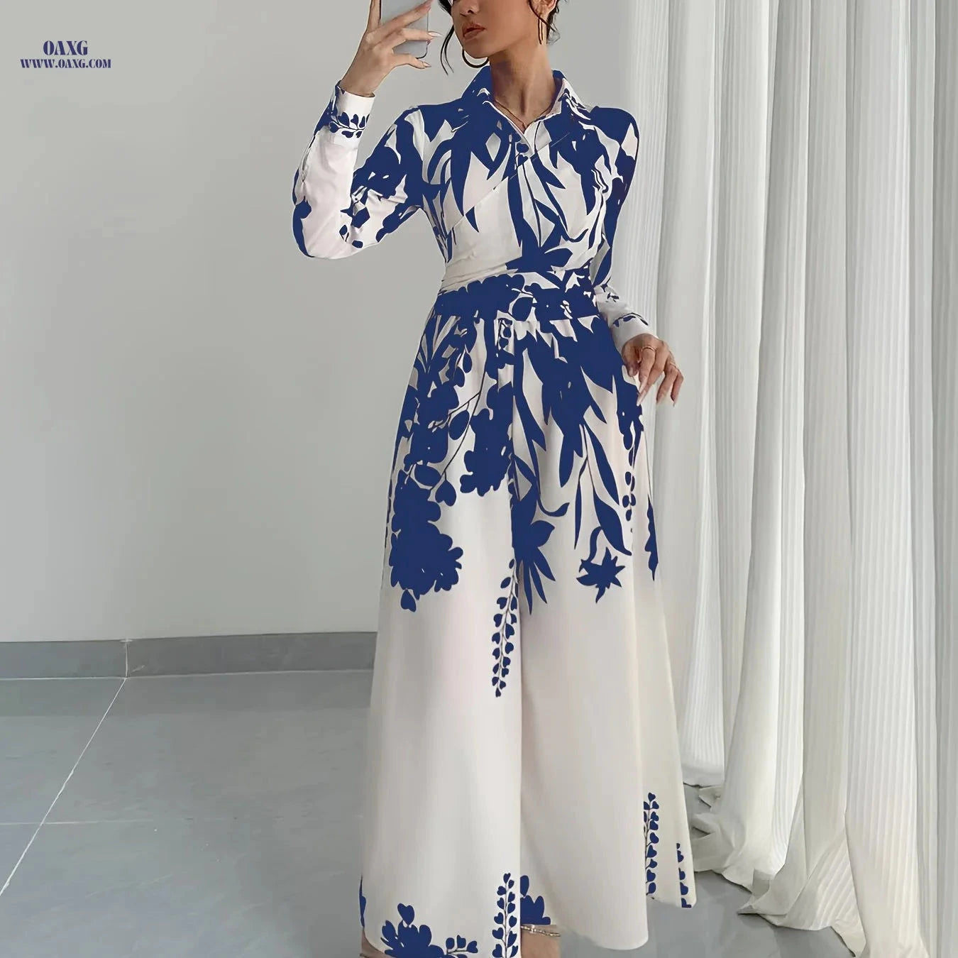 Elegant Women's Leaf Print Jumpsuit - Long Sleeve, Tie Waist Design   OAXG 【Multicolor】 / S