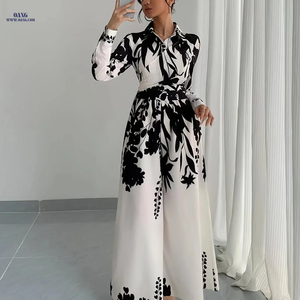 Elegant Women's Leaf Print Jumpsuit - Long Sleeve, Tie Waist Design   OAXG 【Multicolor】 / S