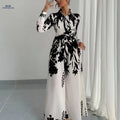 Elegant Women's Leaf Print Jumpsuit - Long Sleeve, Tie Waist Design   OAXG 【Multicolor】 / S