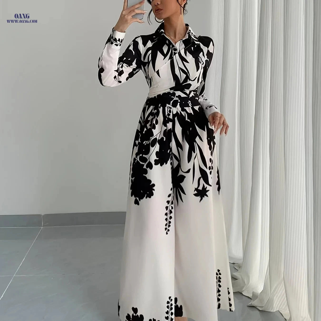 Elegant Women's Leaf Print Jumpsuit - Long Sleeve, Tie Waist Design   OAXG 【Multicolor】 / S