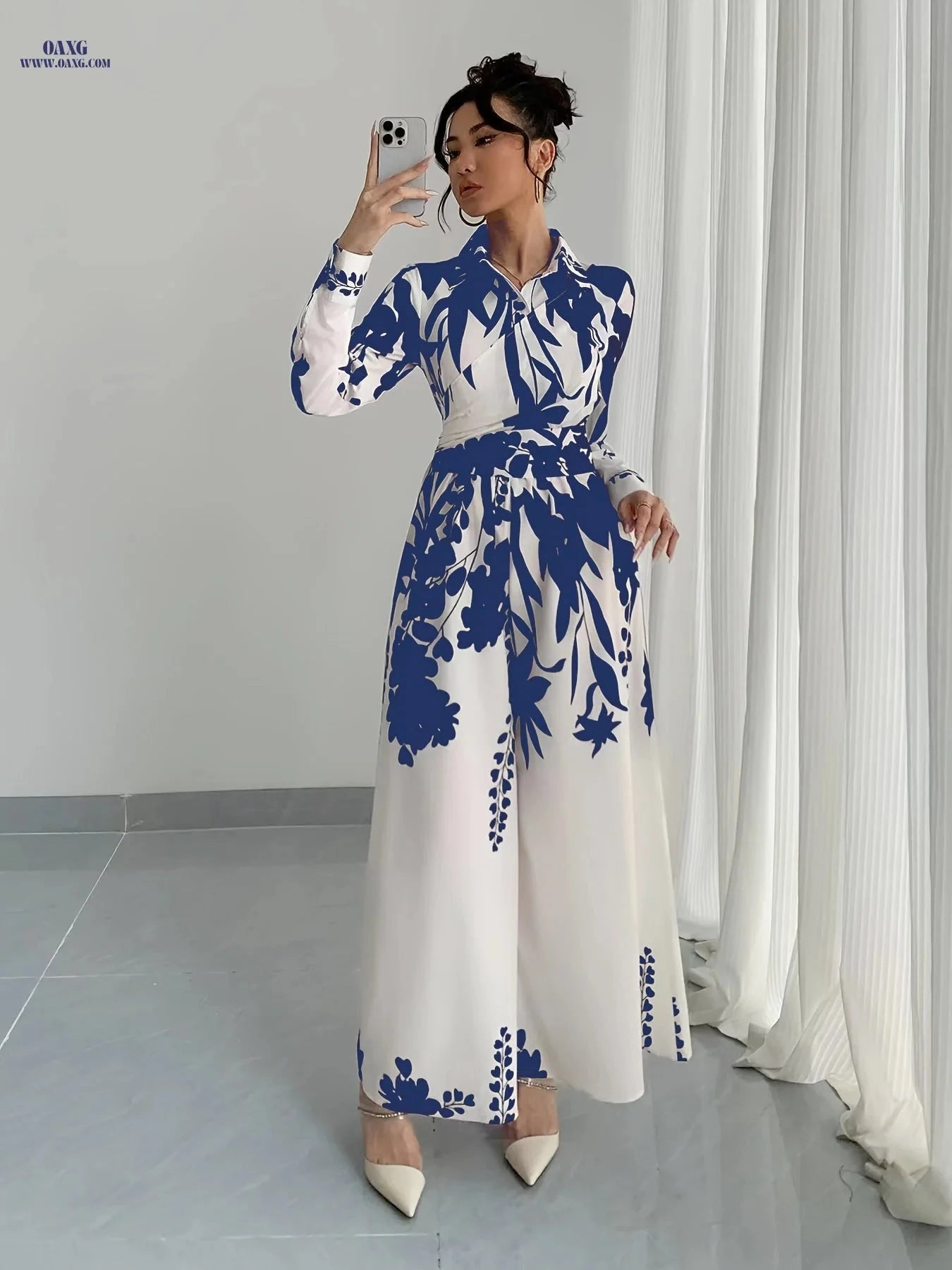Elegant Women's Leaf Print Jumpsuit - Long Sleeve, Tie Waist Design   OAXG 【Multicolor】 / S